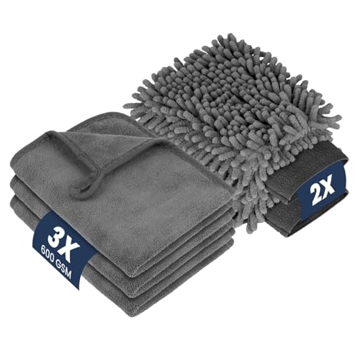 flintronic Autopflege Set 5 Stück, mit 3 Trockentuch & 2 Waschhandschuh Auto, 600GSM Mikrofasertücher Auto, Poliertücher Trokentuch für Polieren Trocknen, Extra Saugstark Weich 40x30cm von flintronic