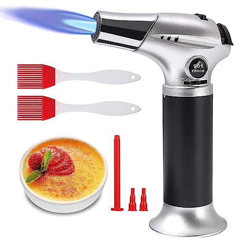 Flintronic Küchenbrenne Flambierbrenner, Nachfüllbar Gasbrenner mit 3 Düse, 2 Bürsten, Lötbrenner mit Sicherheitsschloss für Creme Brulee, Kochen, BBQ, Camping (Butan Inbegriffen Nicht) Silber von flintronic