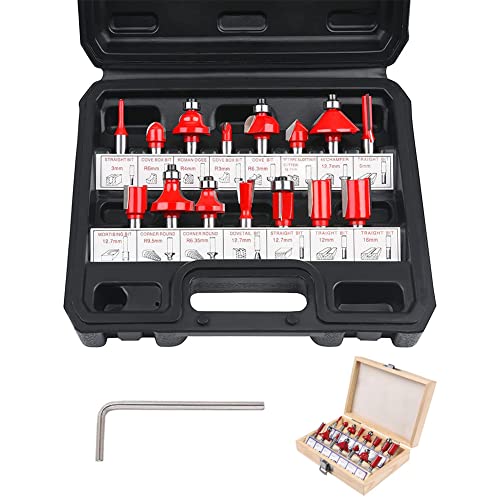 flintronic Fräser-Set, 6.35MM Fräsen Werkzeug Set, 15-tlg Holzkoffer Geschmiedeter Werkzeugstahl Oberfräser, Bündigfräser, Holzschneider mit Kunststoff-Box, Bodenreinigung für Holzbearbeitung von flintronic