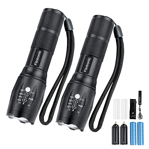 flintronic LED Taschenlampen, 2PCS Handlampe L2-Aluminiumlegierung 5 Modi, 3000LM Zoombarer Wasserdicht Taktische Flashlight für Outdoor Indoor SOS(Einschließlich 1*Ladegerät, 2*18650 Akku, 1*Holster) von flintronic
