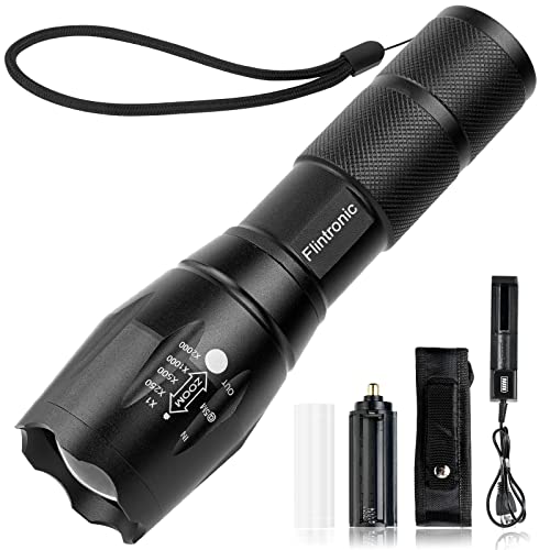 flintronic LED Taschenlampen, Handlampe L2-Aluminiumlegierung 5 Modi, 3000LM Zoombarer Wasserdicht Taktische Flashlight für Outdoor Indoor SOS Geschenk(Einschließlich 1*Ladegerät, 1*Holster) von flintronic