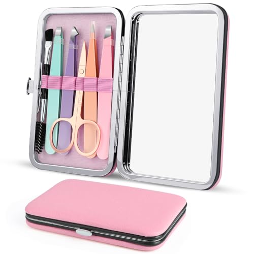 flintronic Pinzetten Set, 4PCS Pinzette aus Edelstahl mit Schere Augenbrauenpinsel, Präzisionspinzetten-Set mit Reiseetui, zum Entfernen von Mitessern, eingewachsenen Haaren, Wimpern (Rosa) von flintronic