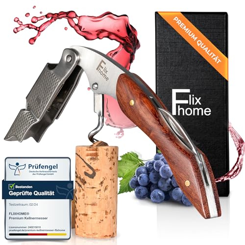 flixhome® - Premium Kellnermesser aus Edelstahl und edlem Holzgriff - Profi Korkenzieher, Weinflaschenöffner, Weinöffner Sommeliers, Gastronomie, Privatgebrauch inkl. Flaschenöffner & Folienschneider von flixhome