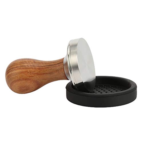 floatofly Kaffee Tamper, 51/53/58mm Kitchen Cafe Edelstahl Flacher Kaffee Tamper Holzgriff mit Silikon Untersetzer Bohnenpulver Press Gadgets Kits perfekten Espresso Barista-Werkzeug 53mm* von floatofly