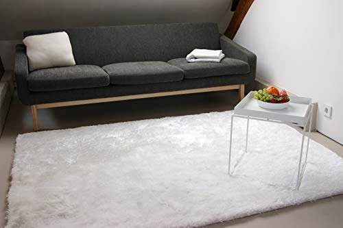 floor factory Exklusiver Hochflor Shaggy Teppich Satin weiß 80x150 cm - edler, seidig glänzender Teppich von floor factory