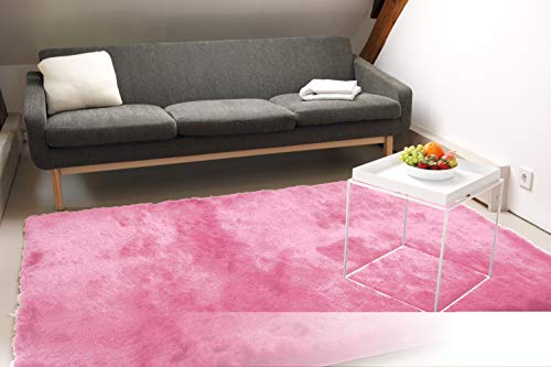 floor factory Exklusiver Hochflor Shaggy Teppich Satin rosa 200x200 cm - edler, seidig glänzender Teppich von floor factory