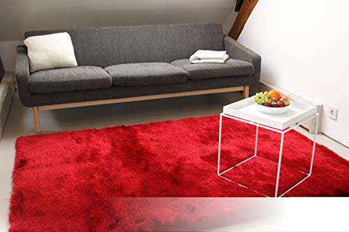 floor factory Exklusiver Hochflor Teppich Satin rot 10x10 cm Muster seidig glänzender Luxus Langflor Shaggy von floor factory