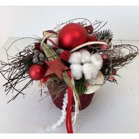 Adventgesteck Mit Kugel Weihnachten Dekoration Tischdeko Handgefertigt Haltbar, Weiß-Rot-Bordo Ca. 20 cm. „Advent „ von floralkreativ