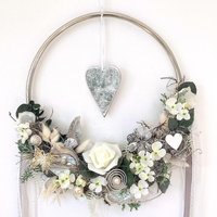 Türkranz/Fensterkranz Ca. 38 cm Silberner Hoop Sommer Herbst Ganzjährig Hochzeit Künstlich Haltbar Handgearbeitet „Silberherz" von floralkreativ