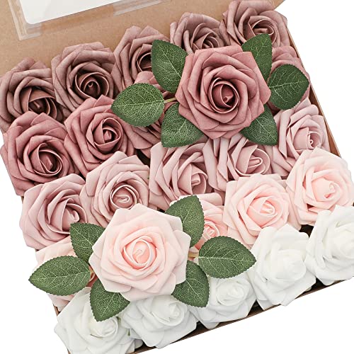 Floroom Künstliche Blumen, 25 Stück, echt aussehende staubige Rosen, Ombré-Farben, Schaumstoff-künstliche Rosen mit Stielen für DIY-Hochzeitssträuße, Brautdusche, Partytische, Heimdekorationen von floroom