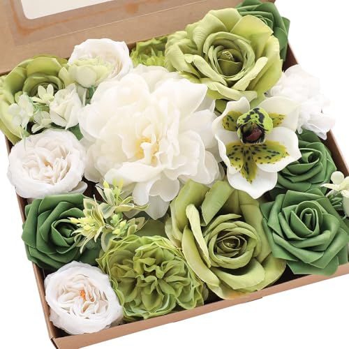 Floroom Olivgrün-weiße künstliche Blumen, künstliche Rosen, Pfingstrosen und Grün, Kombi-Box-Set für selbstgemachte Hochzeitssträuße, Brautparty, Tafelaufsätze, Blumenarrangements, Partytische, Floroom Olivgrün-weiße künstliche Blumen, künstliche Rosen, Pfingstrosen und Grün, Kombi-Box-Set für selbstgemachte Hochzeitssträuße, Brautparty, Tafelaufsätze, Blumenarrangements, Partytische, von floroom