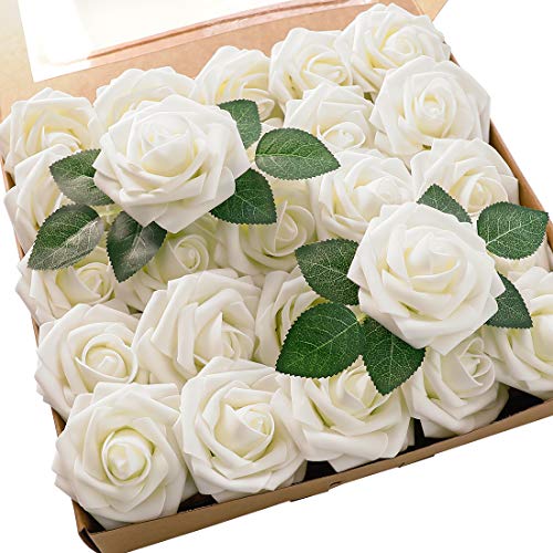 floroom Künstliche Blumen, 50 Stück, echt aussehende elfenbeinfarbene Schaumstoff-Rosen mit Stielen für selbstgemachte Hochzeitssträuße, weiße Babypartys, Tafelaufsätze, Blumenarrangements, floroom Künstliche Blumen, 50 Stück, echt aussehende elfenbeinfarbene Schaumstoff-Rosen mit Stielen für selbstgemachte Hochzeitssträuße, weiße Babypartys, Tafelaufsätze, Blumenarrangements, von floroom