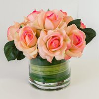 Große Real Touch Orange Rose Greenery Runde Glas Künstliche Faux Arrangement Seide Mittelstück Oder Orange Anordnung von flovery