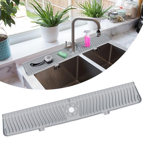 76,2 cm Küchenspüle Spritzschutz, Silikon-Wasserhahngriff, Tropffangschale, längere Silikon-Spülbeckenmatte für Küchentheke, Badezimmer, Bauernhaus, Tropfschutz, Spritzschutz Arbeitsplatte (grau) von flowlamp