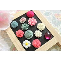 Kühlschrankmagnete Mit Blumen Pink, Weiß & Grau - 12-Teiliges Set von fluteofthehour