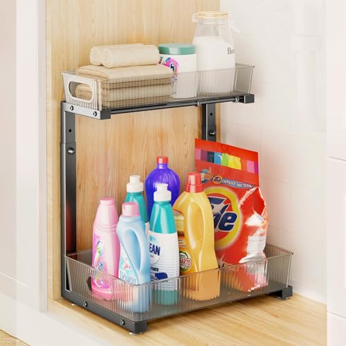 Organizer unter der Spüle, Organizer und Aufbewahrung unter der Spüle mit verstellbarer Höhe und PET-Korb, ausziehbarer Unterschrank-Organizer für Theke, Küche, Waschtisch, Speisekammer (1 Stück Organizer unter der Spüle, Organizer und Aufbewahrung unter der Spüle mit verstellbarer Höhe und PET-Korb, ausziehbarer Unterschrank-Organizer für Theke, Küche, Waschtisch, Speisekammer (1 Stück von fluxode