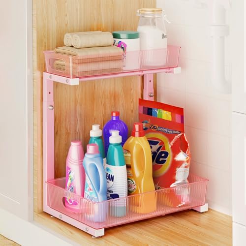 Organizer unter der Spüle, Organizer und Aufbewahrung unter der Spüle mit verstellbarer Höhe und PET-Korb, herausziehbarer Unterschrank-Organizer für Theke, Küche, Waschtisch, Speisekammer (1 Stück) von fluxode