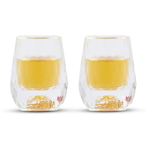 flybold Transparentes Schnapsgläser-Set mit 24 Karat Goldflocken – 2er-Set – einzigartige Gläser für Whisky und Cocktails – Fassungsvermögen: 50 ml – Premium-Kristall-Design für Partys und Geschenke – von flybold