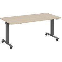 fm Slimfit elektrisch höhenverstellbarer Schreibtisch ahorn, anthrazit metallic rechteckig, T-Fuß-Gestell mit Rollen grau 180,0 x 80,0 cm von fm