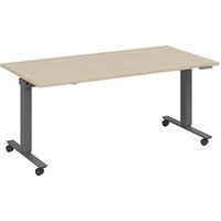 fm Slimfit elektrisch höhenverstellbarer Schreibtisch ahorn, anthrazit metallic rechteckig, T-Fuß-Gestell mit Rollen grau 160,0 x 80,0 cm von fm