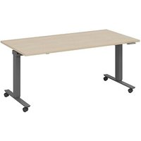 fm Slimfit elektrisch höhenverstellbarer Schreibtisch ahorn, anthrazit metallic rechteckig, T-Fuß-Gestell mit Rollen grau 140,0 x 70,0 cm von fm