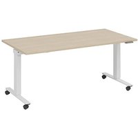 fm Slimfit elektrisch höhenverstellbarer Schreibtisch ahorn, verkehrsweiß rechteckig, T-Fuß-Gestell mit Rollen weiß 140,0 x 80,0 cm von fm