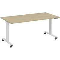 fm Slimfit elektrisch höhenverstellbarer Schreibtisch akazie, verkehrsweiß rechteckig, T-Fuß-Gestell mit Rollen weiß 160,0 x 80,0 cm von fm