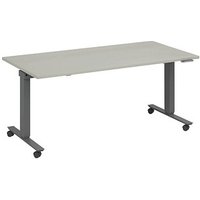 fm Slimfit elektrisch höhenverstellbarer Schreibtisch lichtgrau, anthrazit metallic rechteckig, T-Fuß-Gestell mit Rollen grau 140,0 x 80,0 cm von fm