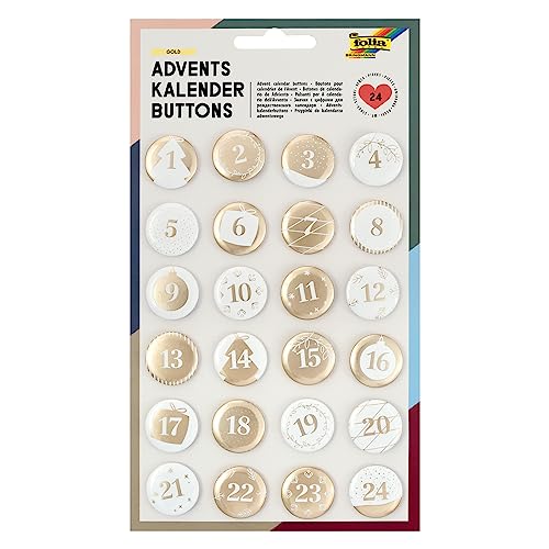 folia 1219 - Adventskalender Buttons, Perlmutt, 24 Stück, aus Metall, zum Gestalten individueller Adventskalender, weiß/gold von folia
