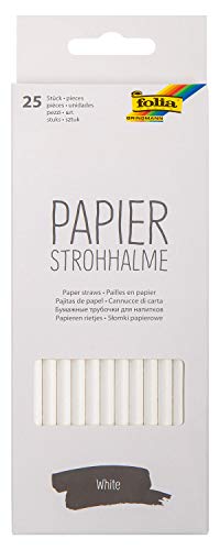 folia 12500 - Papierstrohhalme White, ca. 19,7 cm lang, Ø 6mm, 25 unifarbene Strohhalme aus Papier, umweltfreundlich, lebensmittelecht, zum Trinken, Basteln und Dekorieren von folia