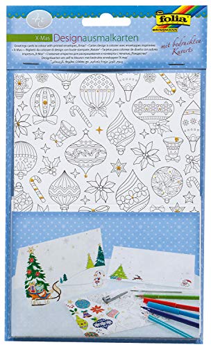 folia 14902 - Designausmalkarten, Karten zum Ausmalen, X-Mas, 4 Karten mit Kuverts, ideal zum Basteln eigener Grußkarten zu Weihnachten von folia