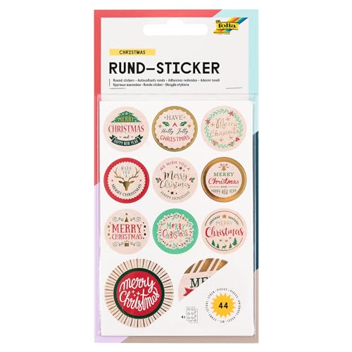 folia 15491 - Rund Sticker Weihnachten, dekorative runde Sticker mit Heißfolienveredelung, 44 Stück, ideal geeignet zum Verzieren von Grußkarten, Bastelarbeiten und Scrapbooking von folia