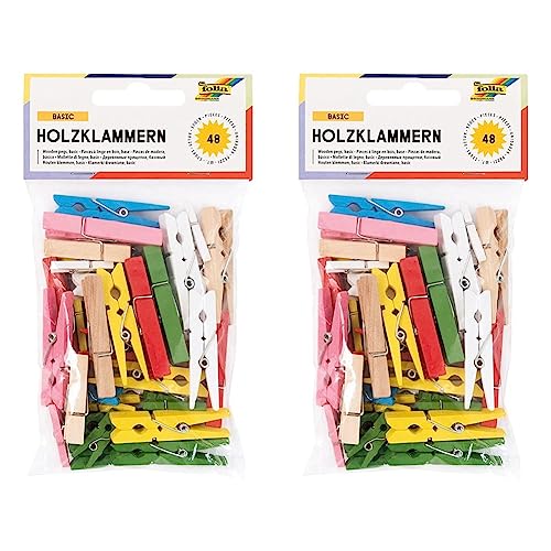 folia 2295 - Holzklammern farbig, 48 Stück, Sortiert in 3 Größen - ideal für Notizen, Dekorationen und Fotoleinen (Packung mit 2) von folia