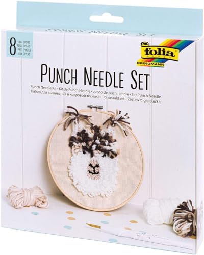 folia 23411 - Punch Needle Set mit flauschigem Alpaka Motiv, 8 teiliges Komplettset mit Stickrahmen, Mönchsstoff, Punchnadel, Einfädelhilfe und Wolle von folia