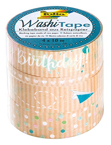 folia 26446 - Washi-Tape, Klebeband aus Reispapier, 4er Set Kraftpapier "Happy Birthday", 3 Rollen 10 m x 15 mm und 1 Rolle 10 m x 5 mm, ideal zum Verzieren und Dekorieren, für Scrapbooking von folia