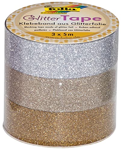 folia 28301 Deko-Klebeband Glitter Tape, Silber/hellgold/Gold von folia