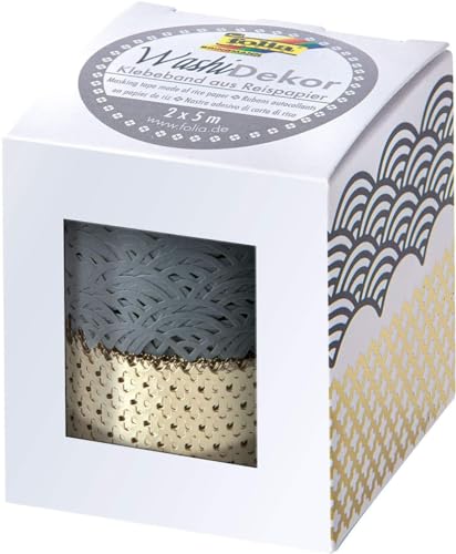 folia 29201 - Washi-Dekor, Spitzenbordüren aus Reispapier, 2er Set grau/gold, je ca. 25 mm x 5 m, klebt auf zahlreichen Oberflächen, rückstandlos ablösbar, zum Verzieren und Dekorieren von folia