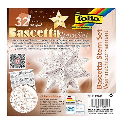 folia 410/1515 - Bastelset Bascetta Stern Weihnachtsornament, weiß/kupfer, 32 Blatt, 15 x 15 cm, fertige Größe des Papiersterns ca. 20 cm, mit ausführlicher Anleitung - ideal zur zeitlosen Dekoration von folia