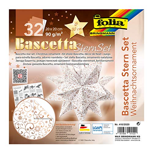 folia 410/2020 - Bastelset Bascetta Stern Weihnachtsornament, weiß/kupfer, 32 Blatt, 20 x 20 cm, fertige Größe des Papiersterns ca. 30 cm, mit ausführlicher Anleitung - ideal zur zeitlosen Dekoration von folia