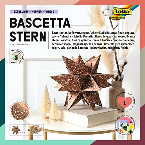 folia 411/1515 - Bastelset Bascetta Stern Weihnachtsornament, kupfer/weiß, 32 Blatt, 15 x 15 cm, fertige Größe des Papiersterns ca. 20 cm, mit ausführlicher Anleitung - ideal zur zeitlosen Dekoration von folia