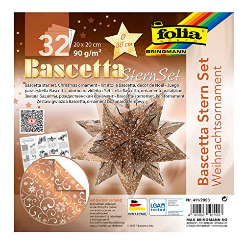 folia 411/2020 - Bastelset Bascetta Stern Weihnachtsornament, kupfer/weiß, 32 Blatt, 20 x 20 cm, fertige Größe des Papiersterns ca. 30 cm, mit ausführlicher Anleitung - ideal zur zeitlosen Dekoration von folia