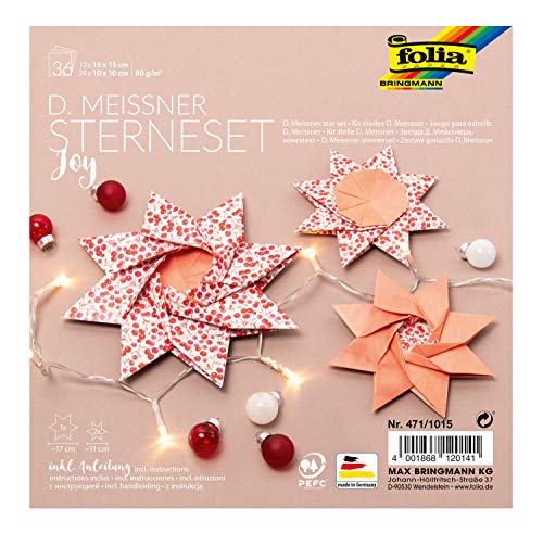 folia 471/1015 - D. Meissner Sterne Set Joy, Faltsterne Bastelset mit 36 Blatt (80 g/m²), für einen großen und 2 kleine Sterne, mit Anleitung, zur zeitlosen Dekoration von folia