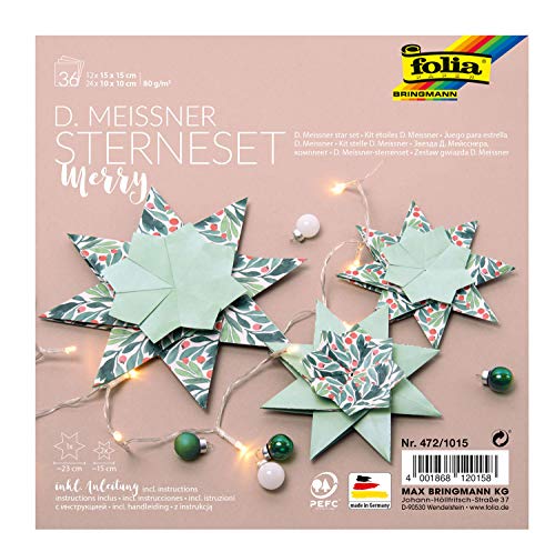 folia 472/1015 - D. Meissner Sterne Set Merry, Faltsterne Bastelset mit 36 Blatt (80 g/m²), für einen großen und 2 kleine Sterne, mit Anleitung, zur zeitlosen Dekoration von folia