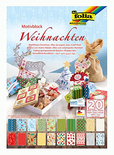 folia 47249 - Motivblock Weihnachten, 270 g/qm, ca. 24 x 34 cm, 20 Blatt sortiert in 20 verschiedenen Motiven - zum Basteln und kreativen Gestalten von Karten, Fensterbildern und für Scrapbooking von folia