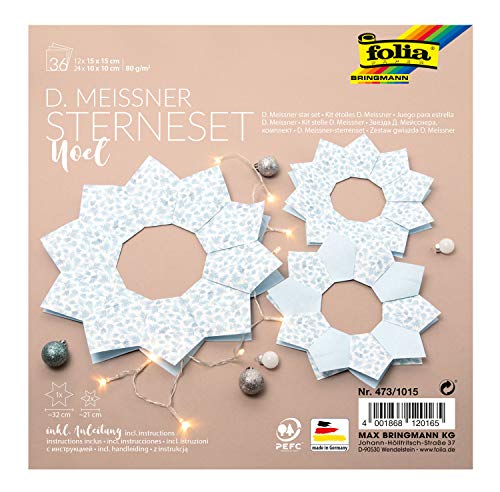 folia 473/1015 - D. Meissner Sterne Set Noel, Faltsterne Bastelset mit 36 Blatt (80 g/m²), für einen großen und 2 kleine Sterne, mit Anleitung, zur zeitlosen Dekoration von folia