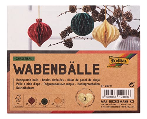 folia 49221 - Wabenbälle Christmas, Weihnachtsanhänger 3er Set, Durchmesser ca. 8 cm, faltbare Weihnachtsdeko für innen von folia