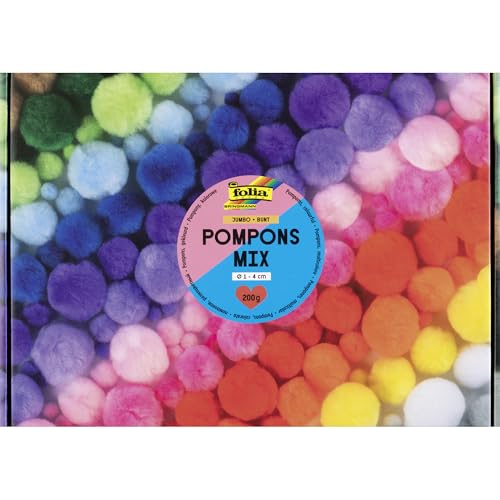 folia 50209 - Pompons Mix JUMBO BUNT, 200g Pompoms in 15 Farben, ca. 900 Plüschkugeln mit Ø 1-4 cm, zum Basteln, Verzieren und Dekorieren von folia