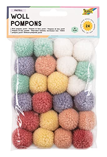 folia 50242 - Woll Pompons, Pastell, 24 Stück, sortiert in 6 Farben, ca. 3 cm Durchmesser, ideal für farbenfrohe Bastelarbeiten von folia