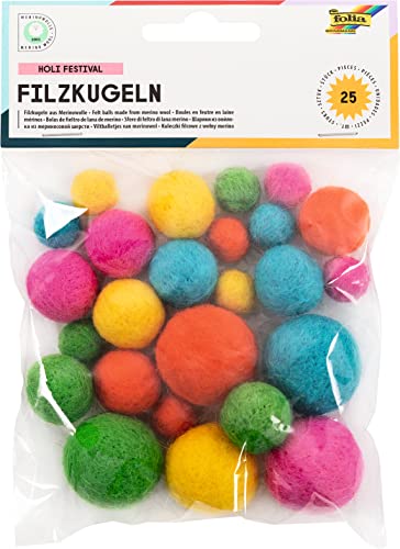 folia 5281 - Filzkugeln Holi Festival, 25 Kugeln aus 100 % Merinowolle, sortiert in 5 verschiedenen Farben und 3 Größen, ideal für Mobiles, Girlanden, uvm. von folia