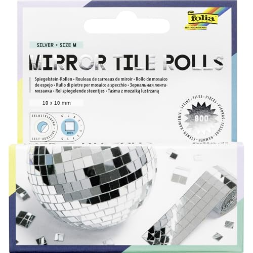 folia 541060 - Mirror Tile Rolls SILVER SIZE M, 2 Rollen mit 4 cm x 1 m, Spiegelmosaik in Silber, 800 Glasspiegelsteine je 10 x 10 mm, selbstklebend, zum Verzieren und Dekorieren von folia